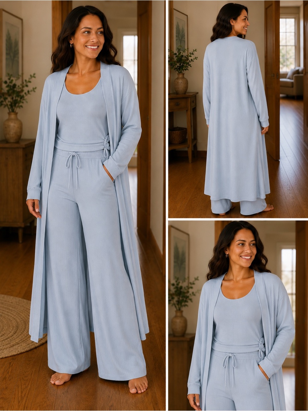 Ekouaer Women Large L Ribbed Knit Side Tie Light Blue 3 Piece Lounge Set NWT